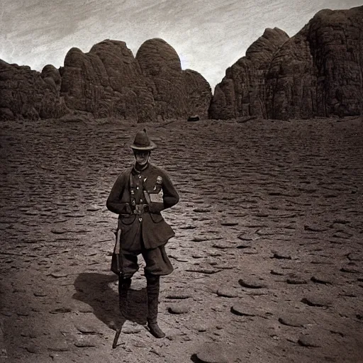 Image similar to ultra detailed photorealistic sepia - toned photograph from 1 9 1 7, a british officer in field fear standing at an archaeological dig site in wadi rum, ultra realistic, painted, intricate details, lovecraft, atmospheric, dark, horror, brooding, highly detailed, by angus mcbride