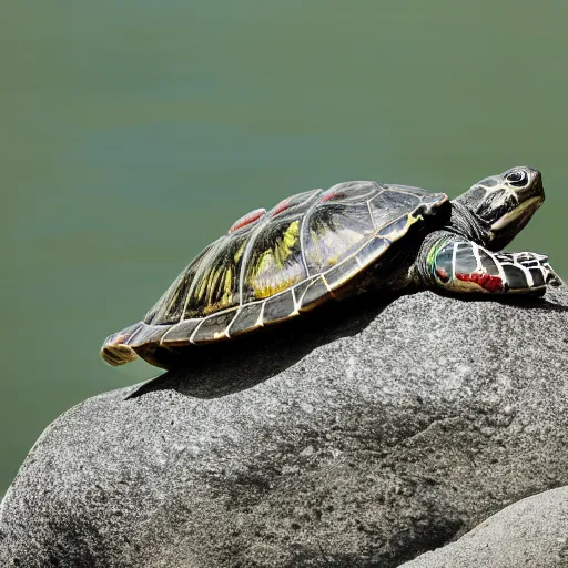 Prompt: red eared slider turtle basking on top of a stone, Cinematic shot, natural lighting, Ray tracing reflection,