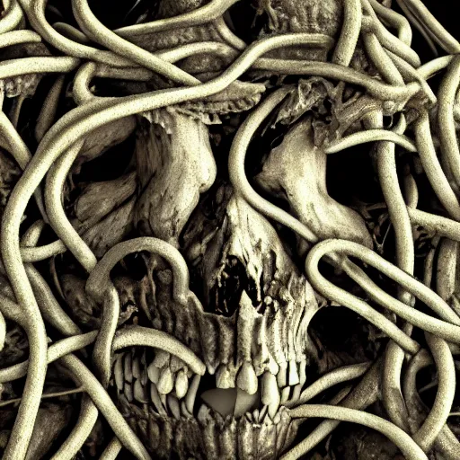 Image similar to extreme closeup photo of a Skulls shrouded in intestine vines, flies sitting on the skull, body horror, 3D render,subsurface scattering,global illumination,raytracing,studio lighting,optical lens flare fx,bokeh,cinematic,photorealistic,photography by Helmut Newton, Sigma 85mm f/1.4, 4K, UHD, HDR