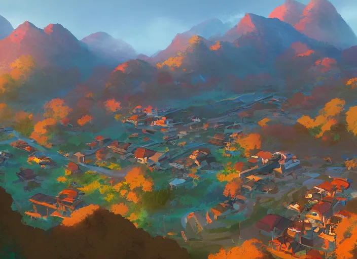 Image similar to concept art painting of a european japanese village in a valley seen from above, early morning, cel shaded, by makoto shinkai and moebius and anton fadeev and james gurney