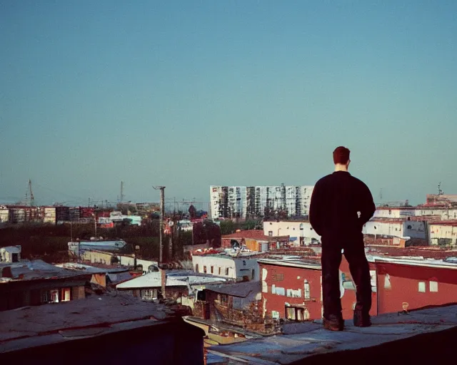 Image similar to lomo photo of man standing on the roof of soviet hrushevka, small town, cinestill, bokeh, out of focus