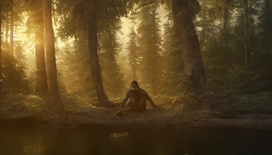 Prompt: Sad wooden giant sitting at the edge of a lake in a forest with giant trees illuminated by the sun, hyperdetailed, artstation, cgsociety, 8k