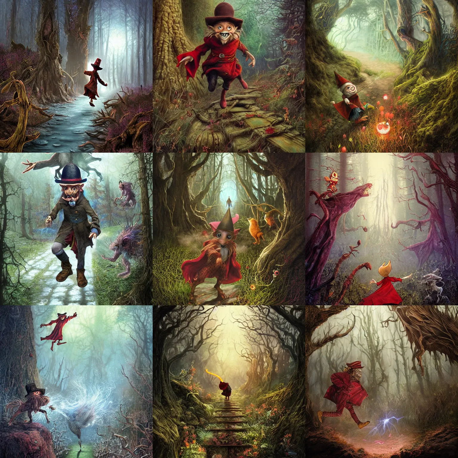 Prompt: Rincewind runs away frantically from a creaure in the Forbidden Forest detailed, hyperrealistic, colorful, cinematic lighting, digital art by Paul Kidby and Omar Rayyan