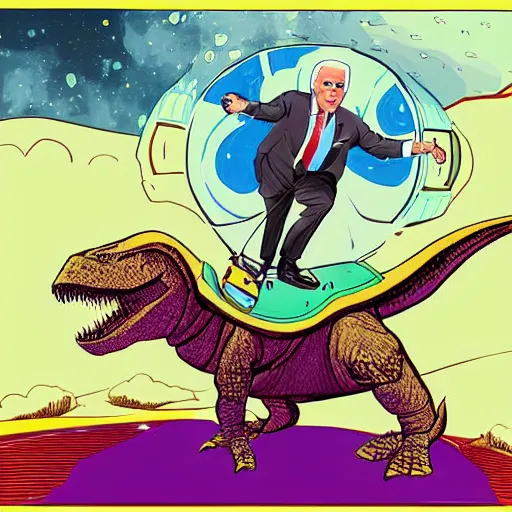 Prompt: joe biden riding a space t-rex in a high quality digital art style