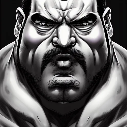 Image similar to face portrait a big beefy man with a large purple face, thick dark hair, a bushy black moustache, with hardly any neck and mean little eyes, highly detailed, digital art, sharp focus, trending on art station, kentaro miura manga art style