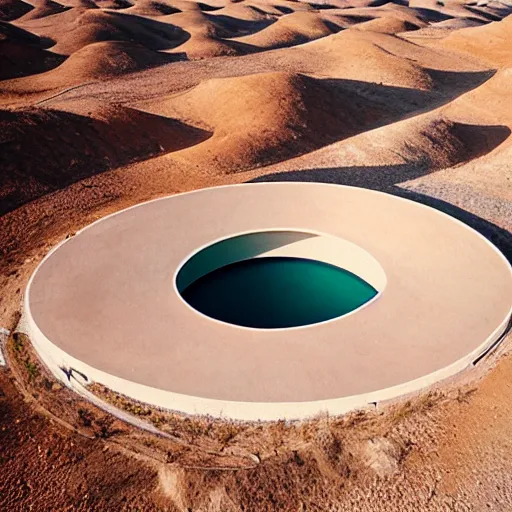 Image similar to a circular Non-Euclidean clay building sitting in the desert, vintage photo, beautiful cinematography, blue sky, film grain, aerial view, extreme wide shot, far away, symmetrical, in the distance, James Turrell