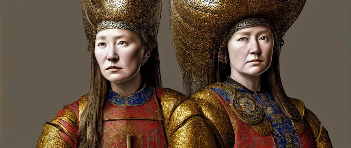 Image similar to hyperrealist highly detailed english medieval portrait of a woman wearing traditional mongolian armor, concept art pascal blanche dramatic studio lighting 8k wide angle shallow depth of field