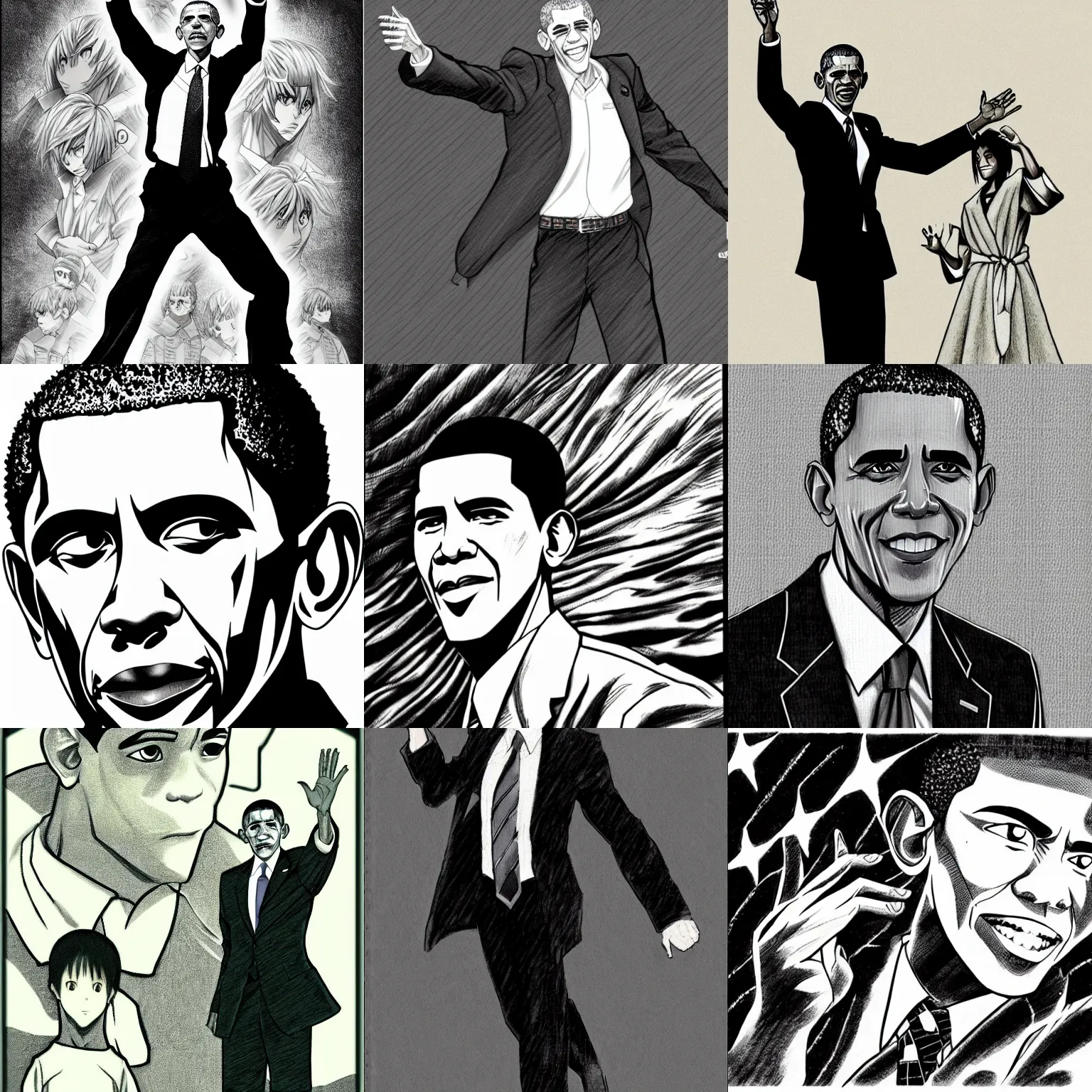 Prompt: a manga drawing of barack obama by kentaro miura, trending on pixiv, official art, wallpaper, high resolution, high quality, anime, poster art, deviantart hd, dynamic pose