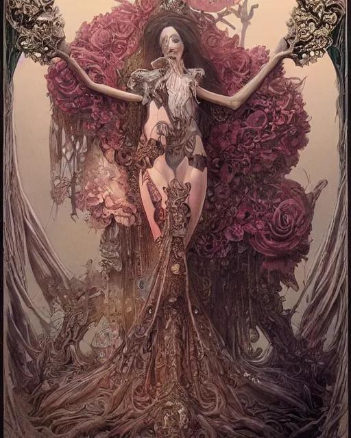 Image similar to a beautiful detailed front view of a dead rotten princess dressed in ornate baroque, ornamentation, elegant, beautifully soft lit, by wayne barlowe, peter mohrbacher, kelly mckernan