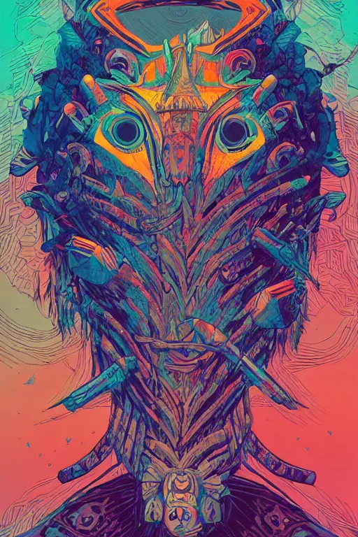 Image similar to totem animal tribal chaman vodoo mask feather gemstone plant video game illustration vivid color borderlands and by feng zhu and loish and laurie greasley, victo ngai, andreas rocha, john harris radiating a glowing aura