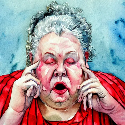 Prompt: a very funny comic style watercolor painting of a sweet fat old woman kissing her reflection. symmetrical face, red mouth, blue eyes. a flowered dress. a hyper - realistic scene. 3 d, octane processing, deep focus, white scene. a very funny and sweet picture. unreal engine. watercolor. fellini cinematic style. poster quality. freud painting style