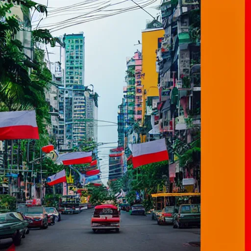 Prompt: Saigon Cityscape. Vietnam colorscheme. Vietnam flag. Clean and simple. Trending on Artstation. 8k resolution.