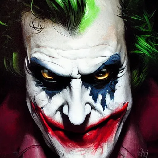 Image similar to joker, crazy face, facepalm, paint by greg rutkowski