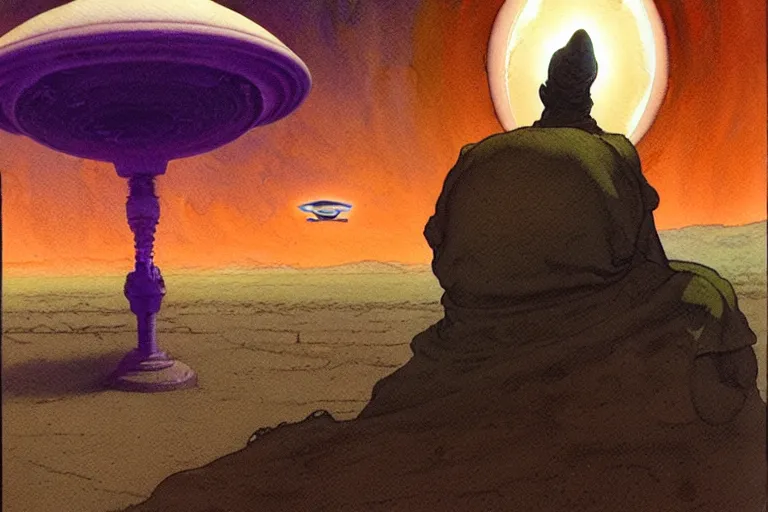 Prompt: a hyperrealist watercolour character concept art portrait of a middle eastern merchant kneeling down in prayer in front of an elegant alien with 1 2 eyes on a misty night in the desert. a ufo is in the background. by rebecca guay, michael kaluta, charles vess and jean moebius giraud