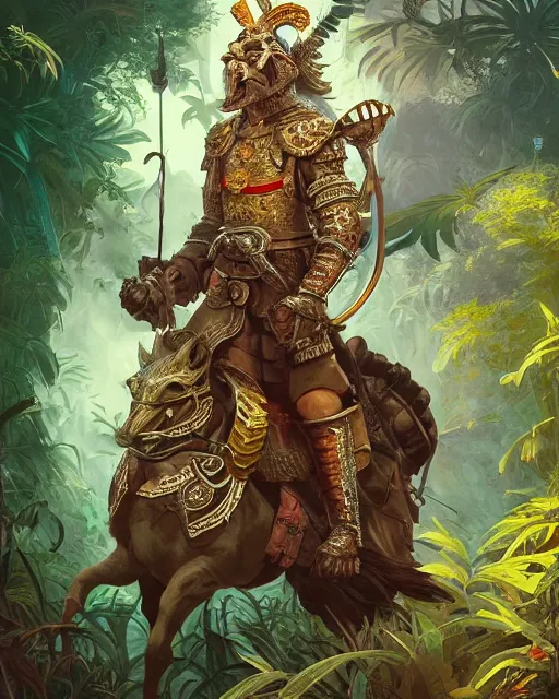 Prompt: a 3d render of a spanish conquistador wearing ornate armor with the face of karim benzema in a dense jungle, art by Peter mohrbacher and Dan mumford and studio ghibli, fantasy, intricate octane, trending on artstation, studio ghibli color scheme, detailed, 8k