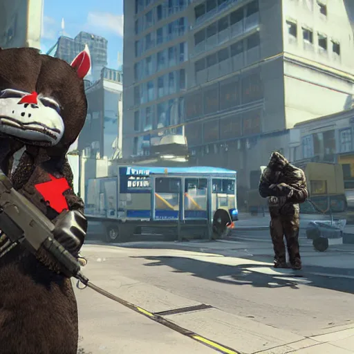 Image similar to Screenshot from the PC game Payday 2 demonstrating the fursuit unlock