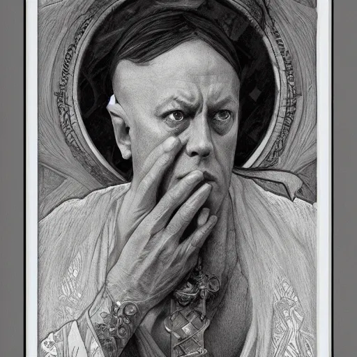 Image similar to amazing lifelike award winning pencil illustration of aleister crowley trending on art station artgerm Greg rutkowski alphonse mucha cinematic