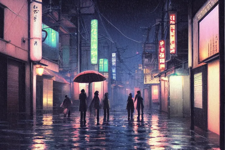 a painting of a rain soaked back street in osaka at | Stable Diffusion