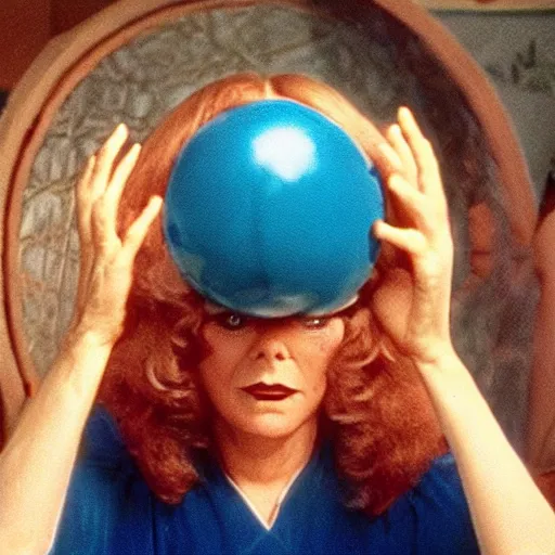 Image similar to middle-age woman enters an eyeball cult, 1977 live-action children's tv show, color