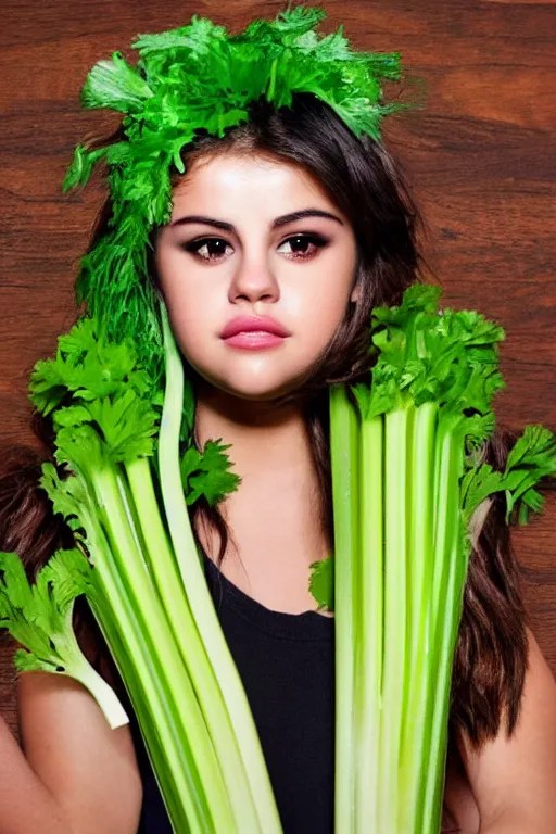 Image similar to selena gomez made out of celery, a human face with celery for hair, celery in the shape of a human face, a bunch of celery sitting on a cutting board, professional food photography, selena gomez wearing green face paint