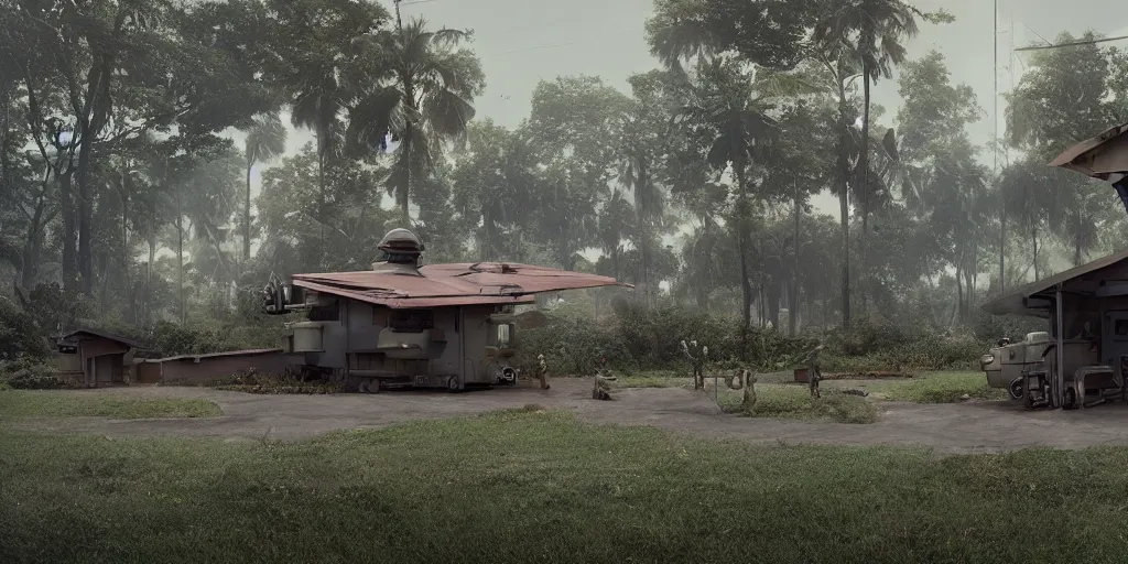 Image similar to a militarised spaceship parked infront of a house in a kerala village, photorealistic, 4k, matte painting, cinematic by simon stalenhag