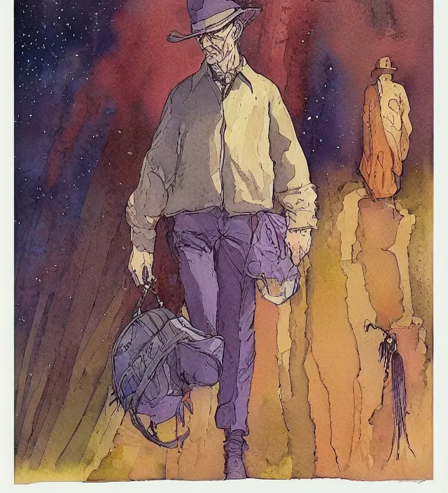 Image similar to a 3 / 4 view watercolor ink painting of an hermann hesse in the style of jean giraud in the style of moebius trending on artstation deviantart pinterest detailed realistic hd 8 k high resolution