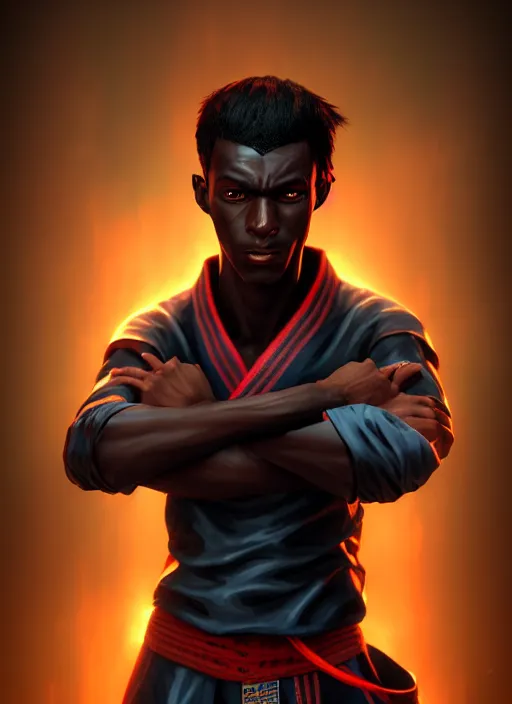 Image similar to An epic fantasy comic book style portrait painting of a skinny dark skinned thief who's good at martial arts, unreal 5, DAZ, hyperrealistic, octane render, cosplay, RPG portrait, dynamic lighting
