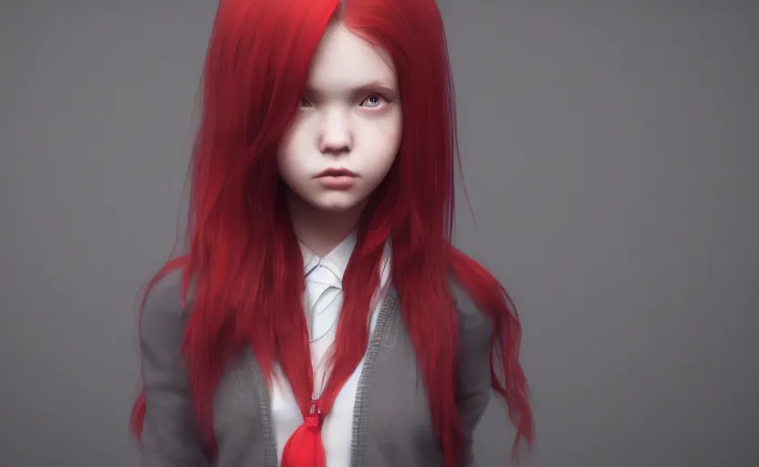 Image similar to school girl portrait, red hair, gloomy and foggy atmosphere, octane render, cgsociety, artstation trending, horror scene, highly detailded