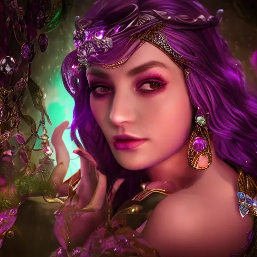 Image similar to portrait princess of amethyst, glowing, ornate and intricate purple jewelry, jaw dropping beauty, glowing background lighting, purple accent lighting, hyper detailed, fairy tale, 4 k octane render