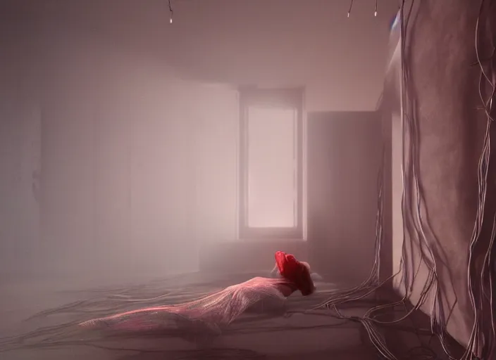 Prompt: rgb, woman, posing, backrooms, cinematic, movie scene, inspired by zdzislaw beksinski, clothes made out of veins,, cables everywhere, bedroom, ultra realistic, concept art, intricate details, highly detailed, photorealistic, octane render, 8 k