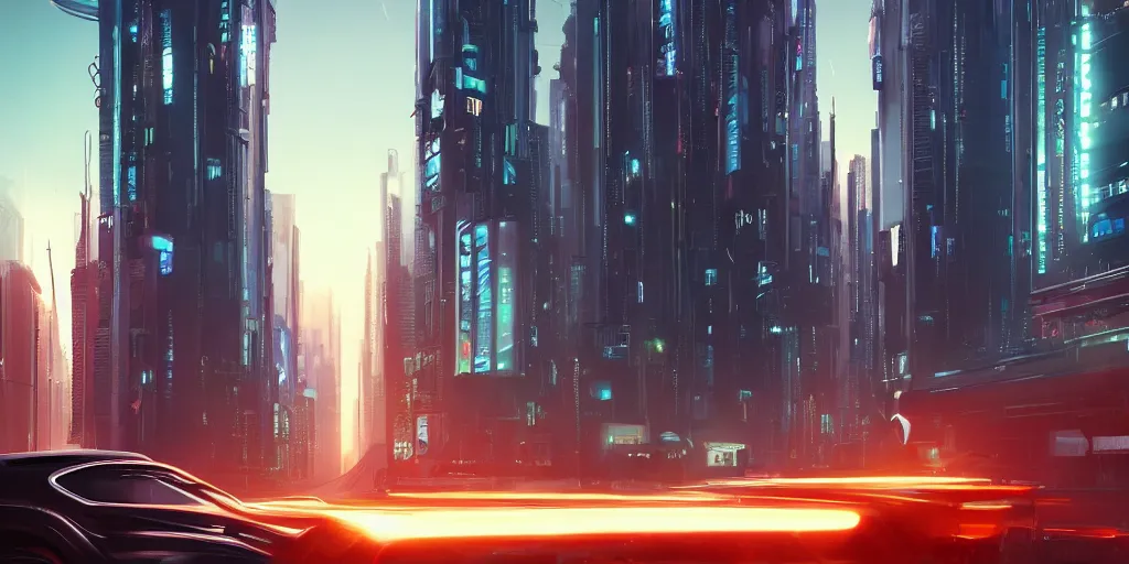 Prompt: a car driving down a street next to tall buildings, cyberpunk art by Vincent Lefevre, cgsociety, retrofuturism, matte painting, reimagined by industrial light and magic