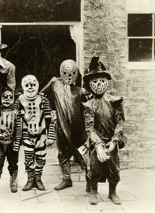 Image similar to photograph from 1909 of Halloween trick or treaters wearing Jason Voorhees costumes and Freddy Krueger costumes, highly detailed, vintage film