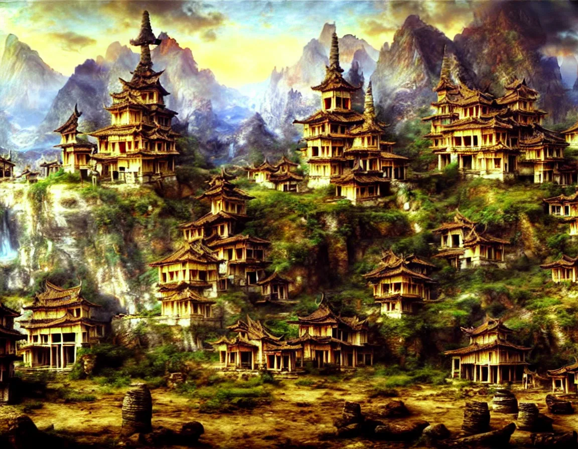 Prompt: hyper realistic detailed oil painting of ancient lost town of shangrila, 8 k ultra hd, by jan matejko