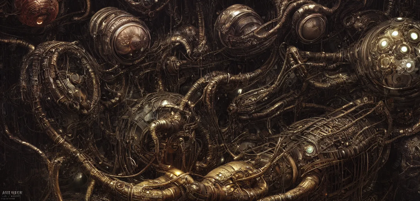 Image similar to Prometheus biological steampunk environment set close-up, hibernation capsule close-up, in a nightmarish universe of odd forms and somber tapestry, HR Giger and Vincent Di Fate, vivid color scheme, featured in artstation, octane render, cinematic, elegant, intricate, 8k