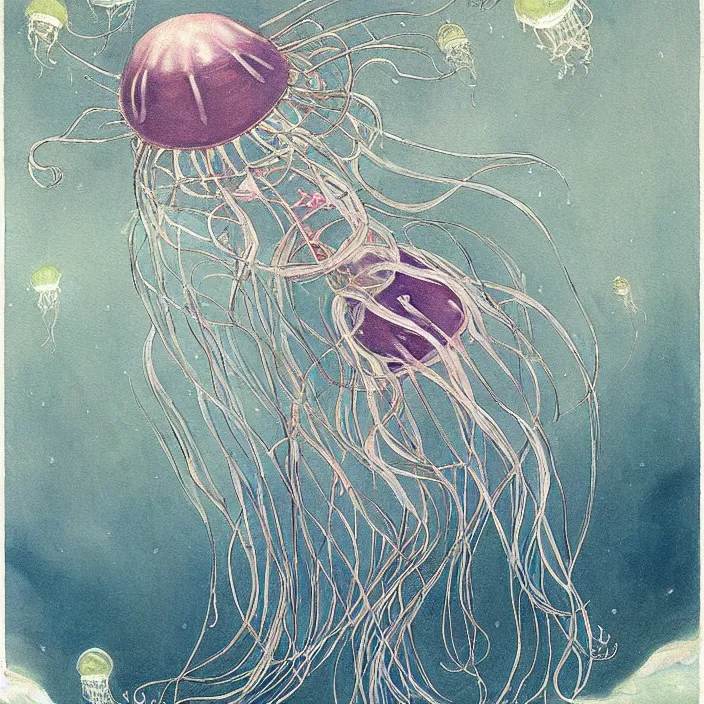 Image similar to a beautiful painting of the jellyfish empress by warwick goble