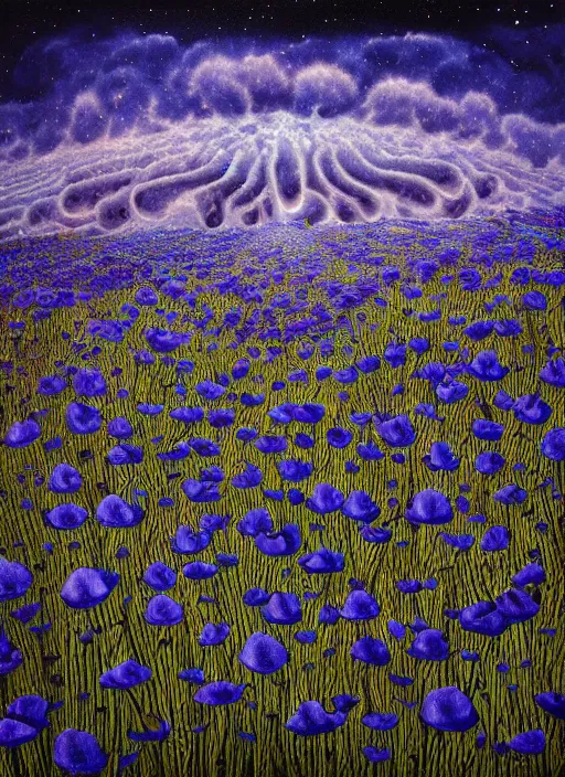 Image similar to detailed, intricate blue black and purple papaverum flower on the field, nebula, galaxy in the sky, winning award masterpiece, fantastically beautiful, illustration, aestheticly inspired, jacek yerka, upscale with anguissola sofonisba work, artstation, 8 k