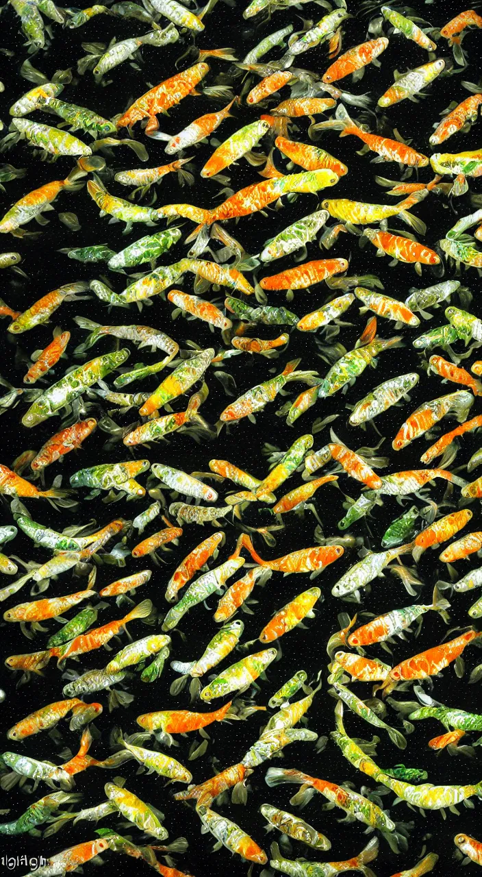 Image similar to a photograph of a Pond filled with Xenomorph skin Koi fish, dim volumetric lighting, lime green lighting, in style of H.R Giger, grainy, 50mm film, noise, sharp focus, motion, high exposure, hd, 8k resolution