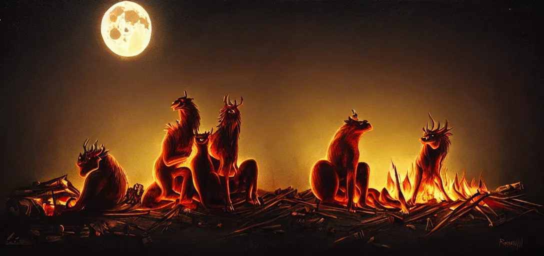 Image similar to strange mythical beasts of sitting around a fire under a full moon, surreal dark uncanny painting by ronny khalil