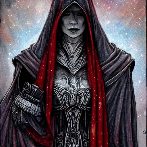 Image similar to tall thin gray - skinned brooding space elf priestess in ornate hooded long red cloak, on space station, highly detailed, mike mignogna, comic book, science fiction, dark tones, dark, rough paper, oil painting