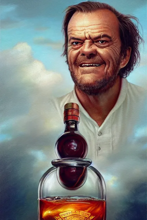 Image similar to a ship in a bottle but instead of a ship it is jack nicholson in the bottle, a young jack nicholson, fancy whiskey bottle, masterpiece painting by artgerm and tom bagshaw