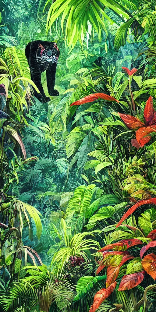 Prompt: deep in the jungle with exotic plant life, colorful tropical plants, natural botanical gardens, vines along the jungle floor, a panthers eyes staring at the camera, acrylic painting by nick garbutt, artstation, concept art, award winning,