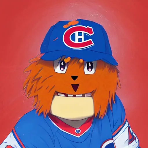 Image similar to anime Portrait of Youppi the Habs Montreal Canadiens Mascot as a very cute powerful and friendly pokemon in a Cheetos Ad, highly detailed anime, high evolution, 1990s, legendary, smooth, sharp focus, dynamic lighting, intricate, trending on ArtStation, cheetos pub, illustration pokemon, art by WLOP