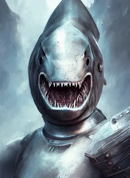 Prompt: digital painting of a human shark wearing knight armor, shark head, fantasy, portrait, scifi, realistic, detailed, concept art, ruan jia, wlop