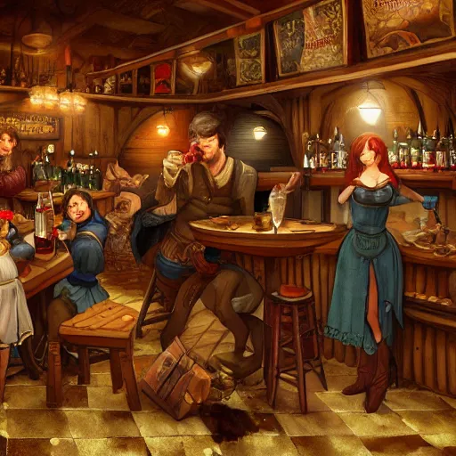 Image similar to medieval tavern with barmaid and patrons drinking, artstation, fantasy, high details, digital art