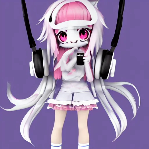 Image similar to cute fumo plush of a popstar wolf girl, anime girl, idol, headphones, tomboy, artstation, bubblegum pop, black and white, snowing, vray