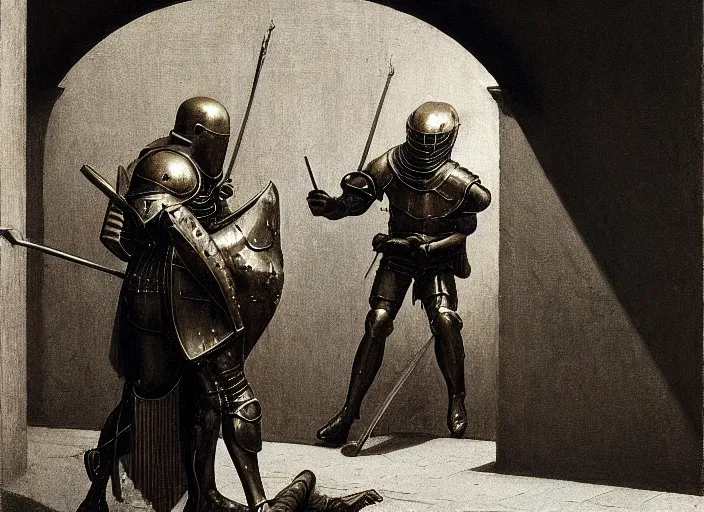 Image similar to а swat captures knight in armor, rome, highly detailed, soft lighting, elegant, works by edward hopper and james gillard, zdislaw beksinski, stephen outram, andreas m wiese, highly detailed