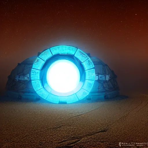 Image similar to glowing giger stargate, middle of austalian desert, sand storm, energy, cinematic, dawn, wet, realistic