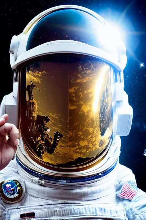 Image similar to extremely detailed studio portrait of space astronaut taking a selfie, holds a smart phone in one hand, phone!! held up to visor, reflection of phone in visor, moon, extreme close shot, soft light, golden glow, award winning photo by michal karcz and yoshitaka amano