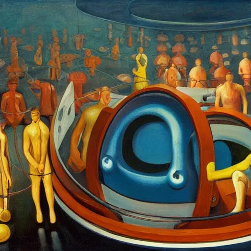 Prompt: deep sea scientists in a giant bathysphere, interior, fantastical, comedic, dystopian, grant wood, pj crook, edward hopper, oil on canvas