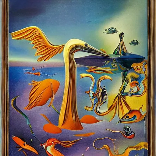 Prompt: a beautiful abstract with goldfish, pelicans and a human couple in an alien landscape by salvador dali and gerald brom w 1 0 2 4